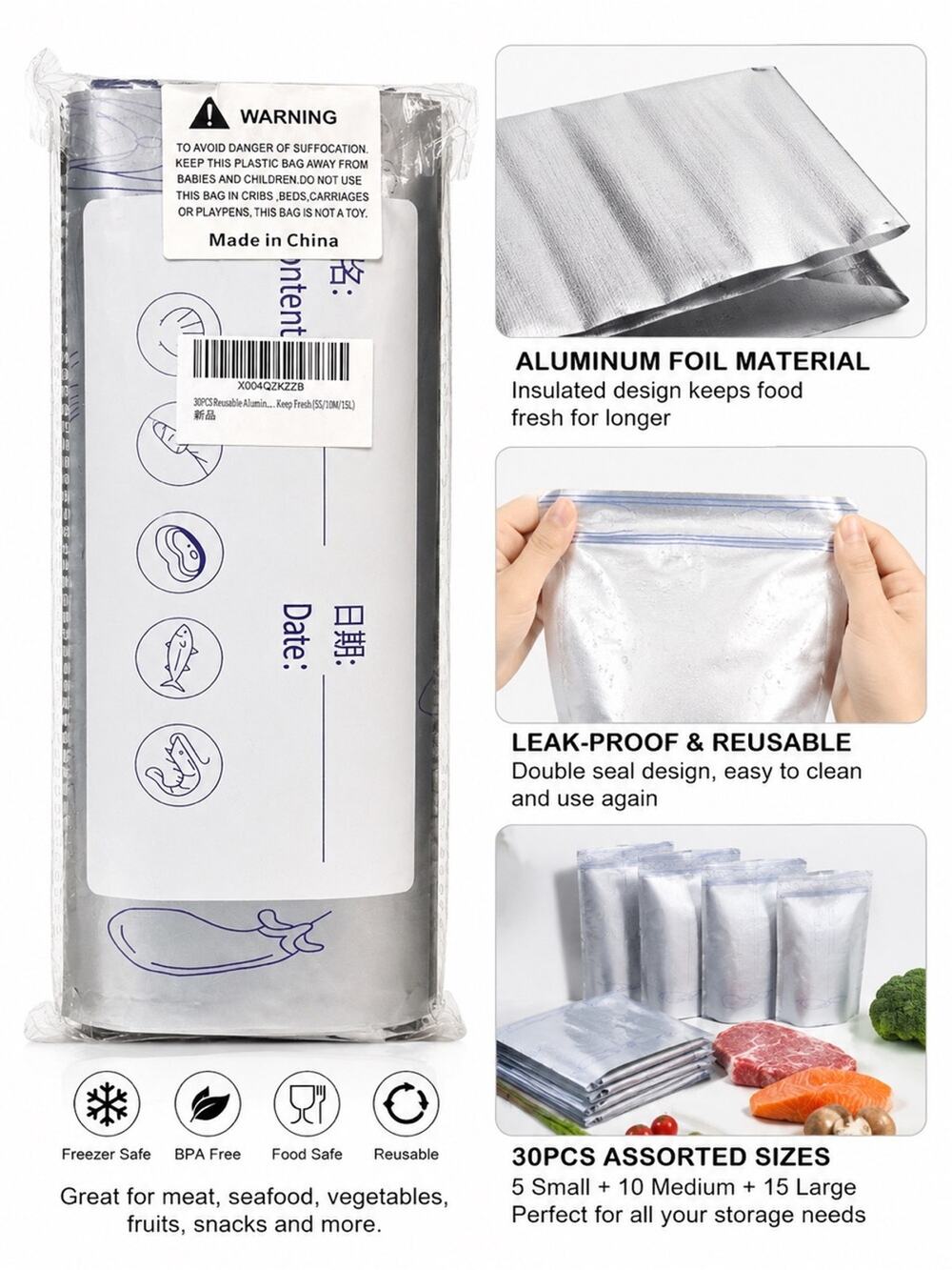 30PCS Reusable Aluminum Foil Food Storage Bags Keep Fresh Freezer Bags Set